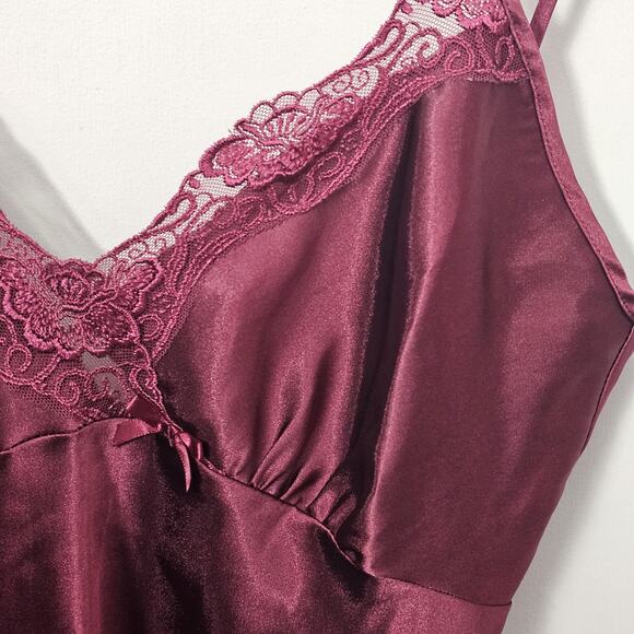 Delicates Silky Chemise Sz Sm Satin Slip Nightie Burgundy Bow Lace Slip Dress - Picture 5 of 5